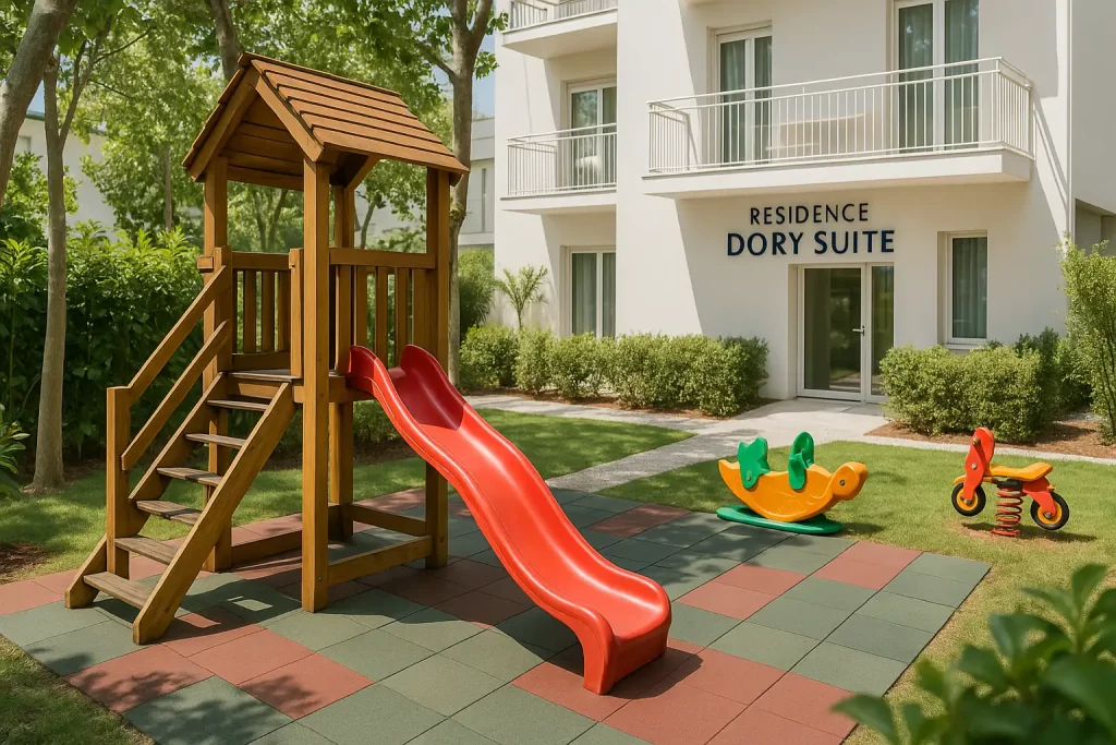 area giochi per bambini nel giardino del Residence Dory Suite
