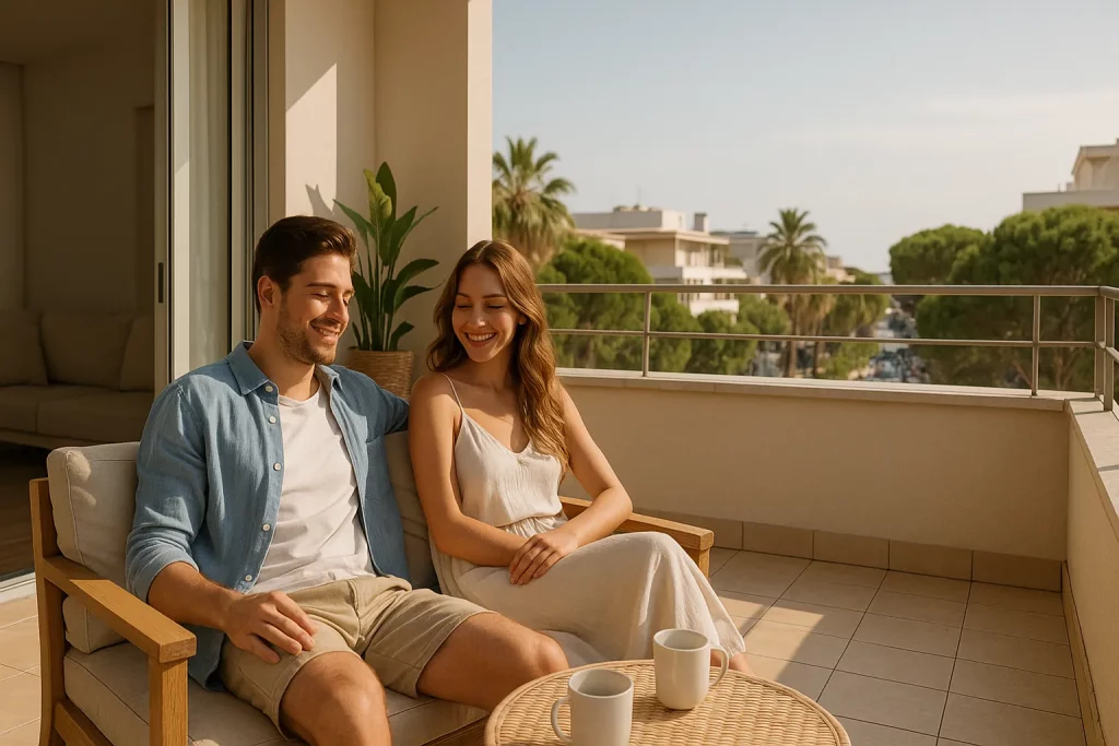 coppia in vacanza rilassata in un appartamento con terrazza a Riccione