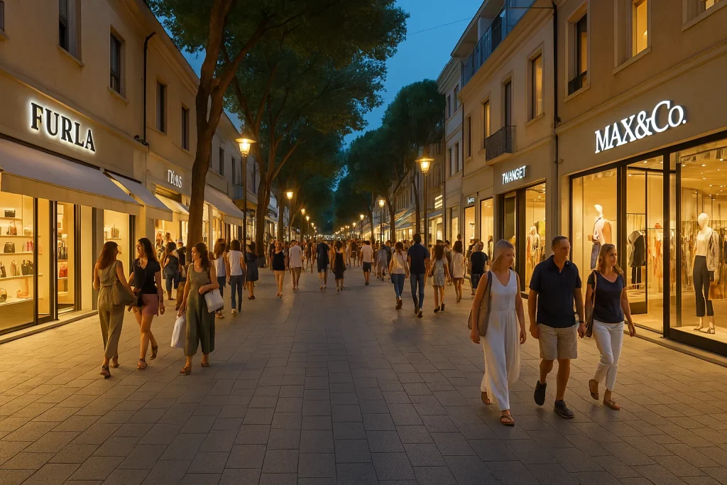 scorcio di viale ceccarini con negozi e passanti in una giornata di shopping