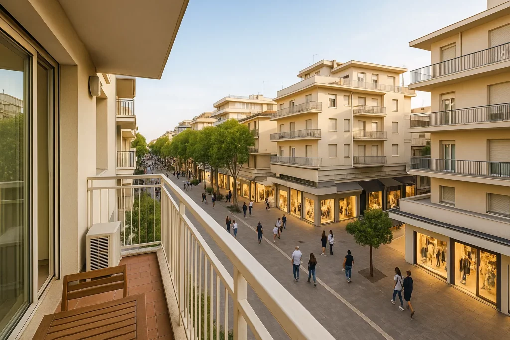 vista sul Viale Ceccarini (Riccione) da un balcone di un appartamento centrale