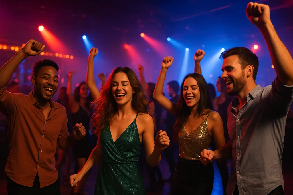 gruppo di amici che ballano sulla pista da ballo di un locale di Riccione, perfetto per una playlist energica