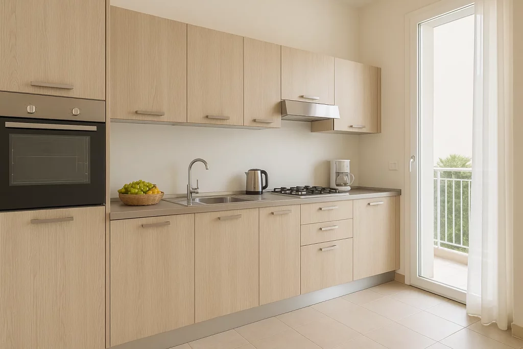 cucina completamente attrezzata in una casa vacanza a Riccione, per preparare i propri pasti in autonomia.