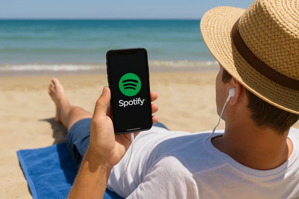persona sdraiata sulla spiaggia, ascoltando musica su Spotify durante una giornata di sole