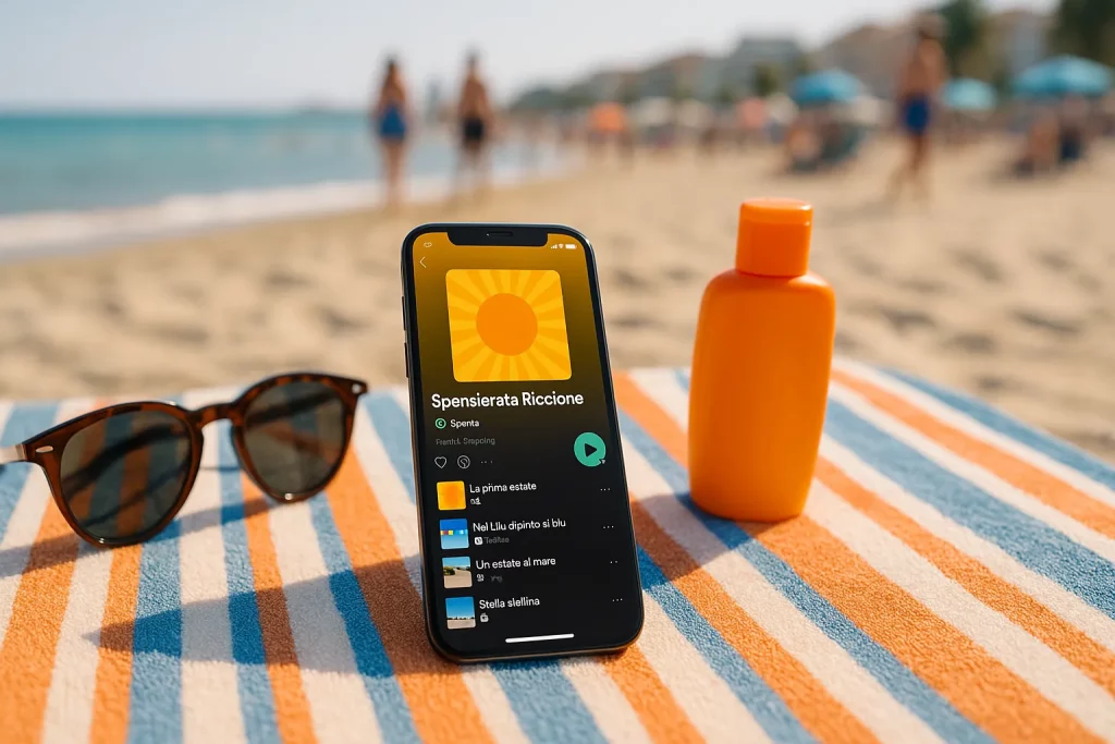 scatto di una playlist Spotify su uno smartphone con canzoni estive perfette per una vacanza a Riccione