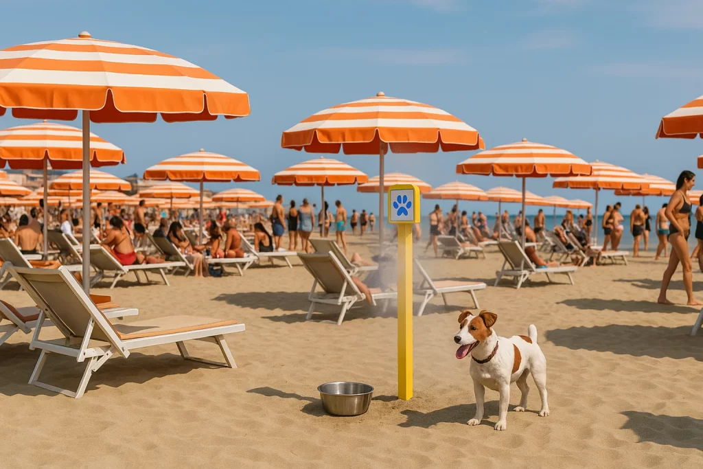 spiaggia delle donne a riccione, servizio nebulizzatori per rinfrescare i cani