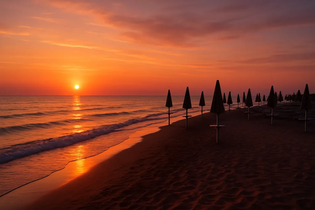 vista panoramica della spiaggia di Riccione al tramonto, ideale per una playlist rilassante